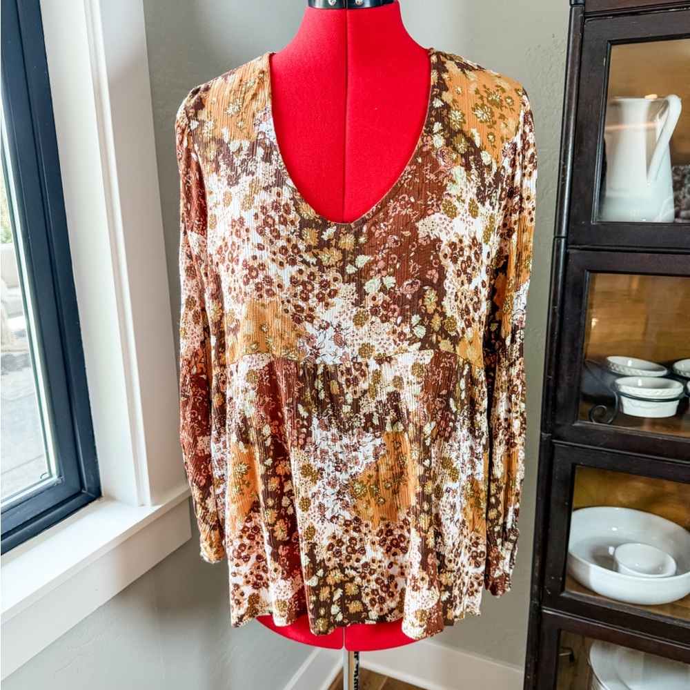 Cotton Bleu Floral Peasant Blouse Long Sleeve Boho Top Size XL